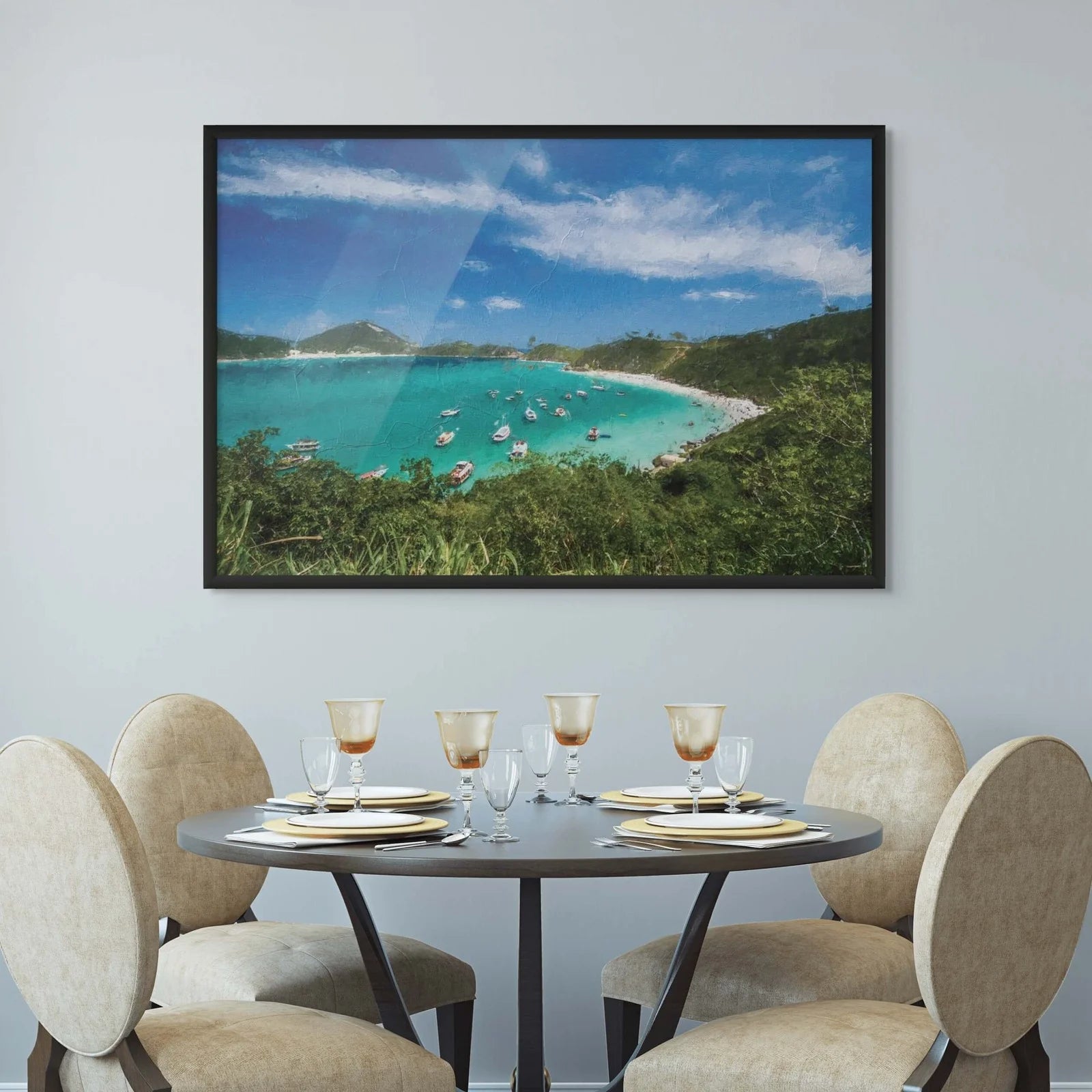 Serene paradise artwork with turquoise ocean gradients and cracked texture details.