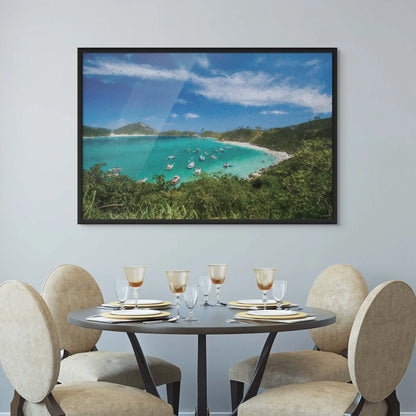 Serene paradise artwork with turquoise ocean gradients and cracked texture details.