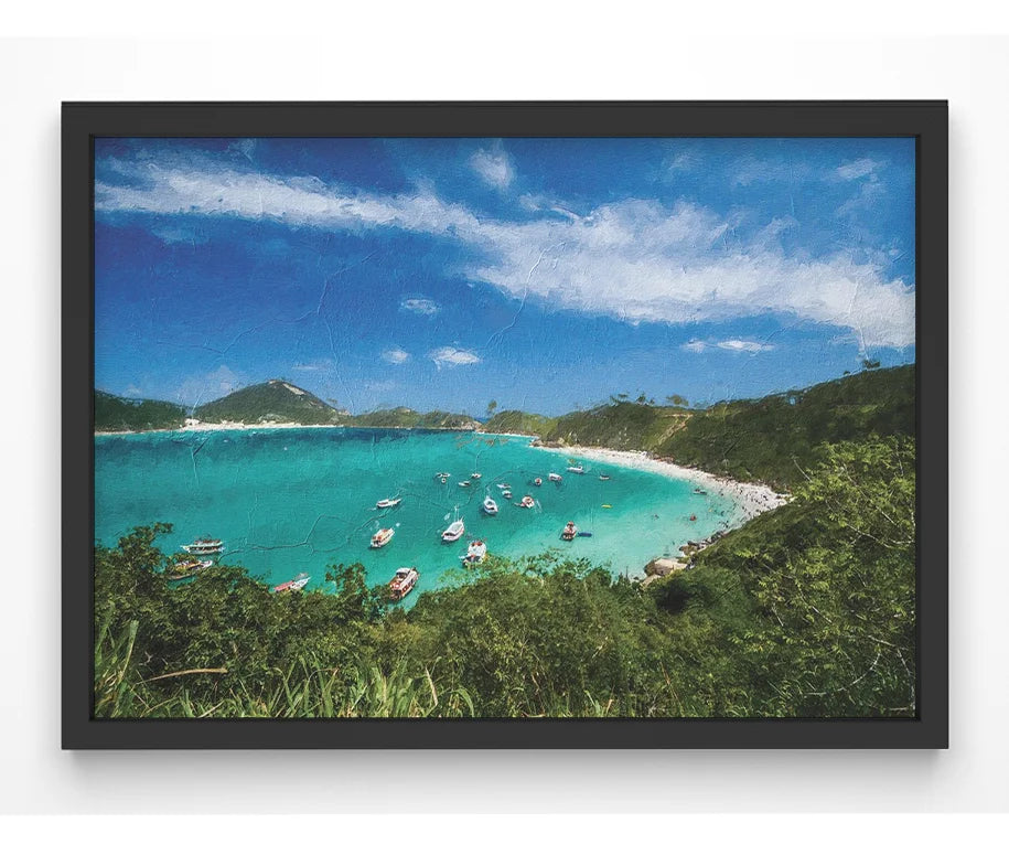 Tropical beach art print with turquoise waters, white sand, and textured painterly style.