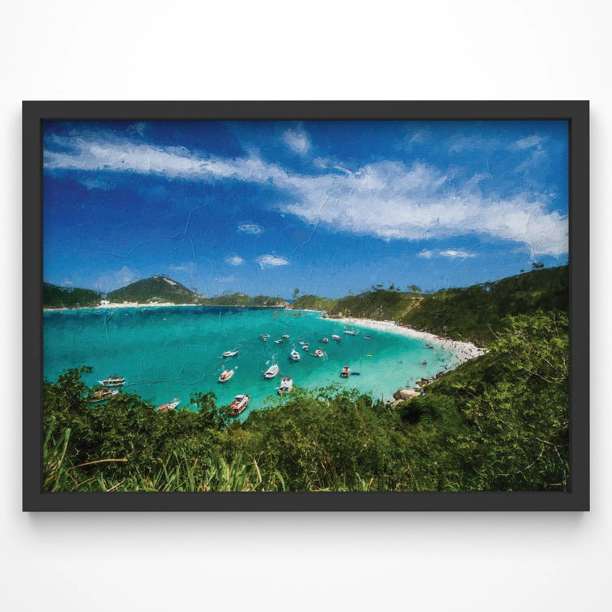 Tropical beach art print with turquoise waters, white sand, and textured painterly style.