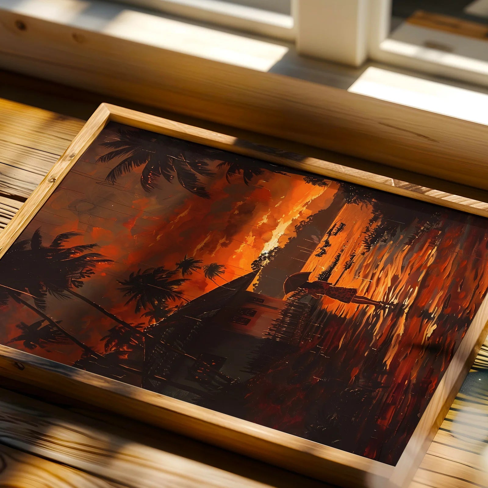 Painterly nature art print with orange sunset sky

