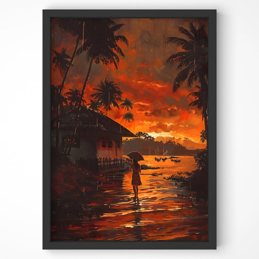 Romantic tropical landscape art with warm tones
