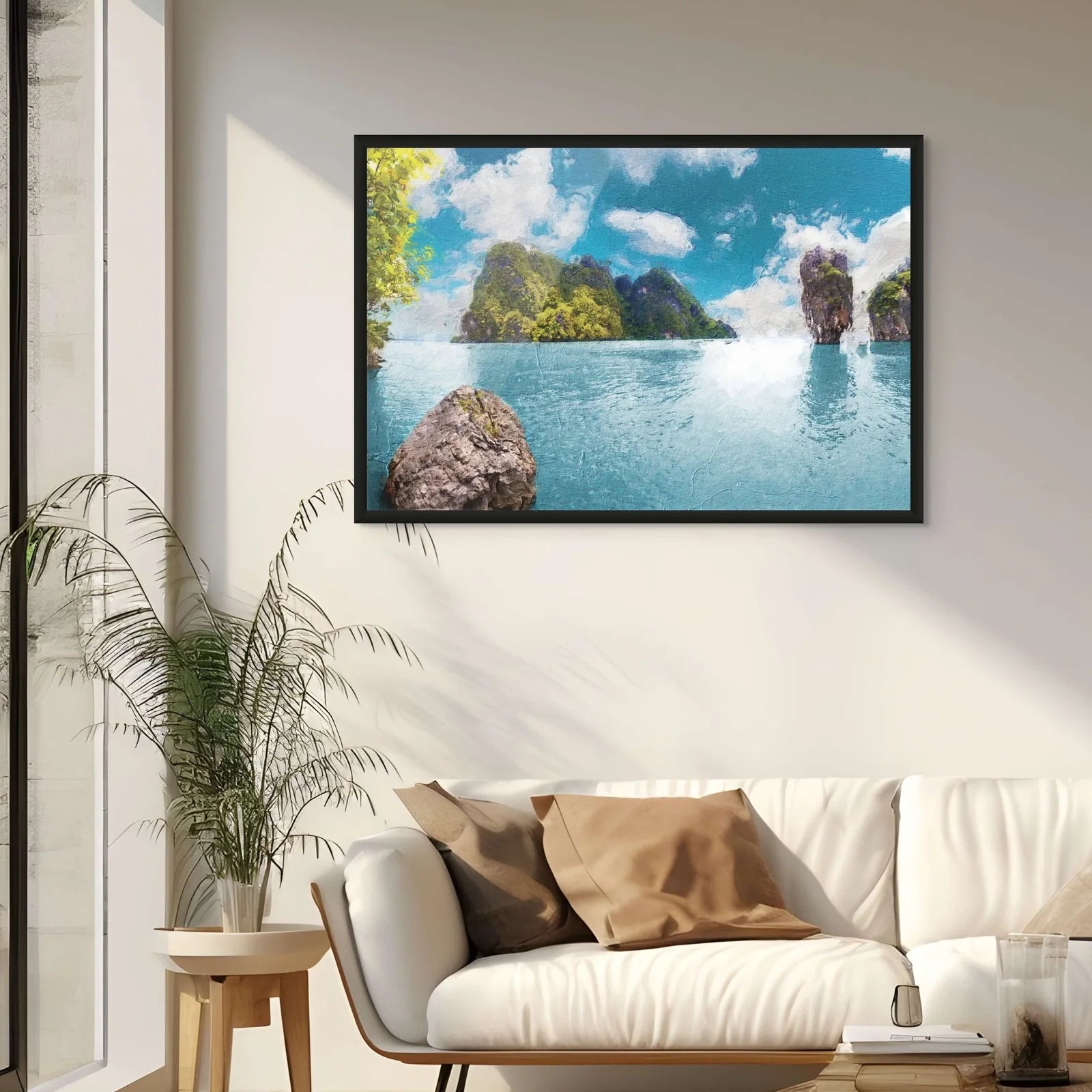 Framed print of a tropical limestone karsts in a elegant living room.