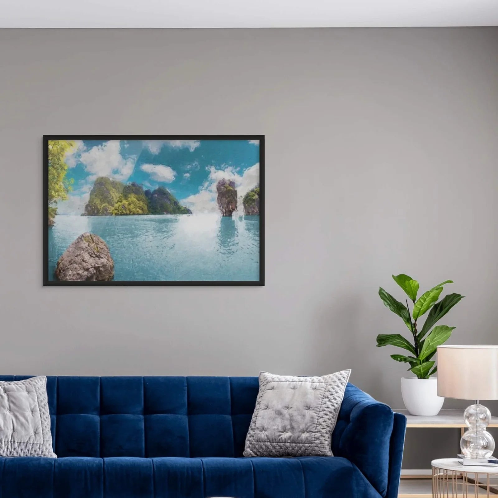Nature-inspired tropical paradise print with azure skies and brushstroke textures.