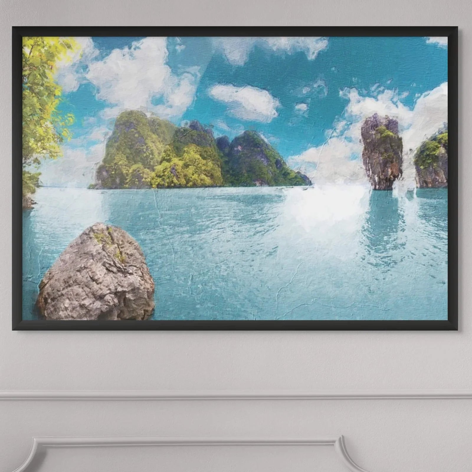 Tropical island art print with teal waters, lush karsts, and textured painterly style.