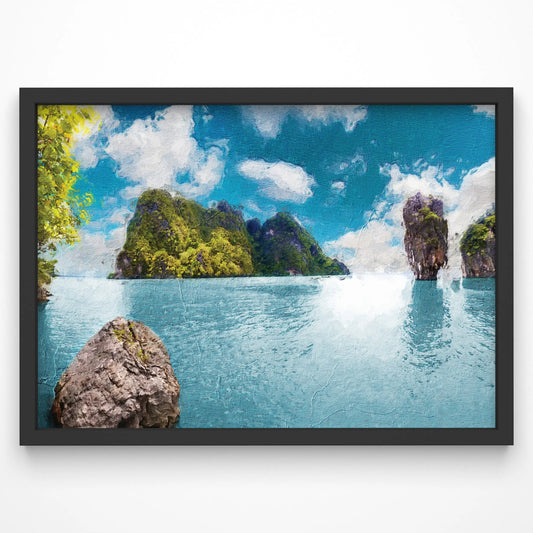 Serene lagoon artwork featuring limestone formations and vibrant green vegetation.