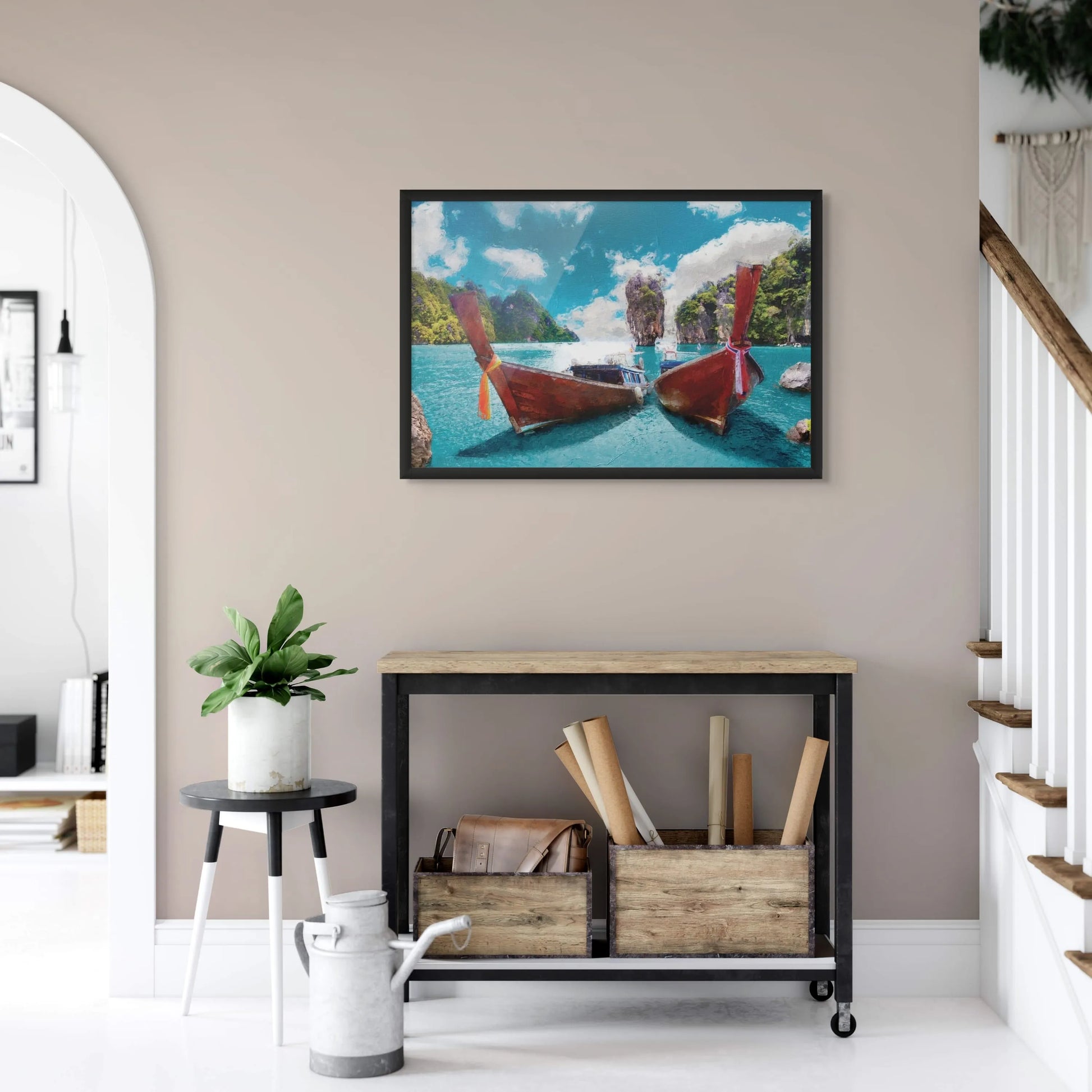 Lush tropical island art print with traditional Thai boats
