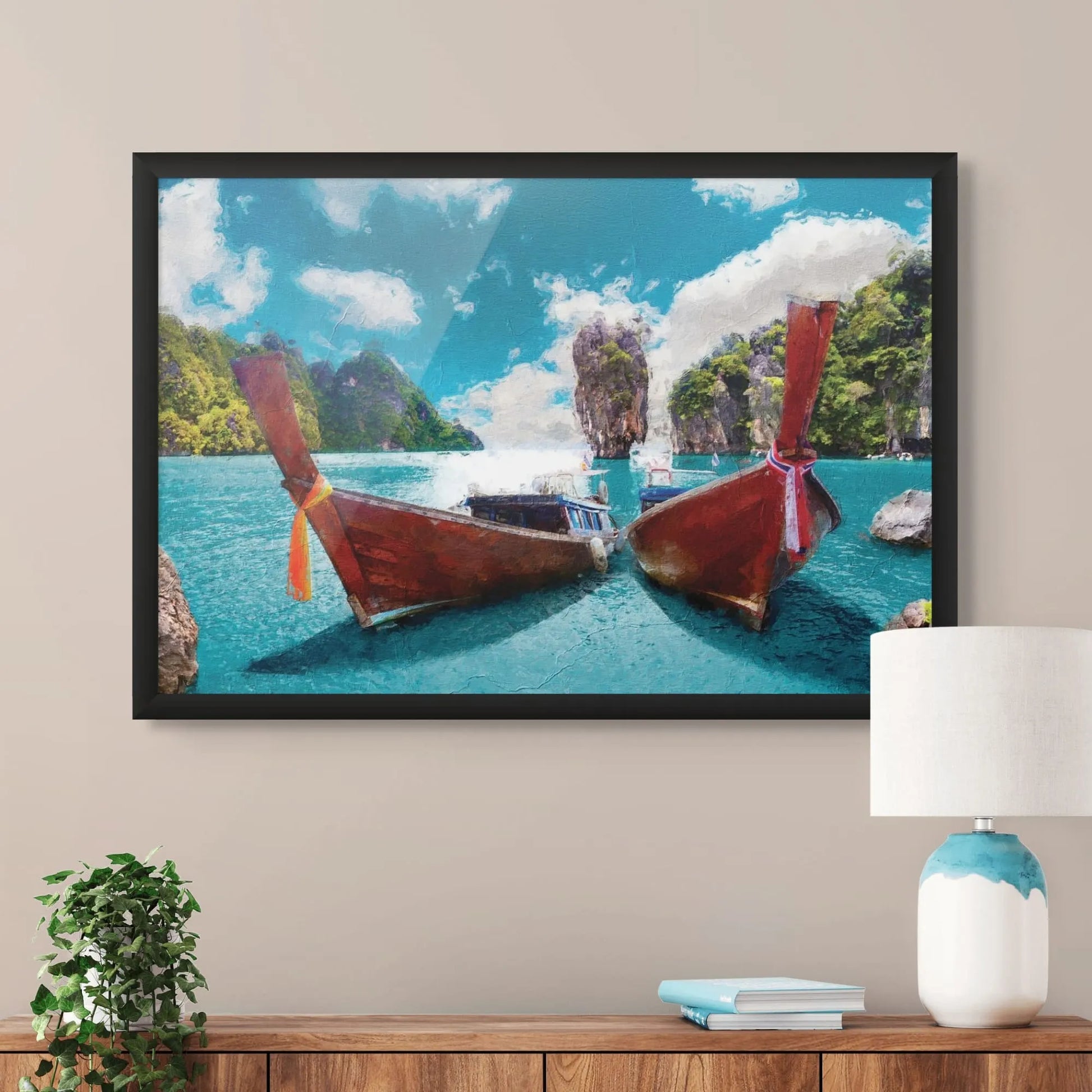 Tropical bay art print with colourful boats and limestone cliffs
