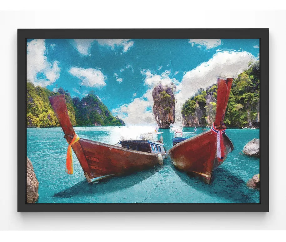 Vibrant longtail boat art print in turquoise bay