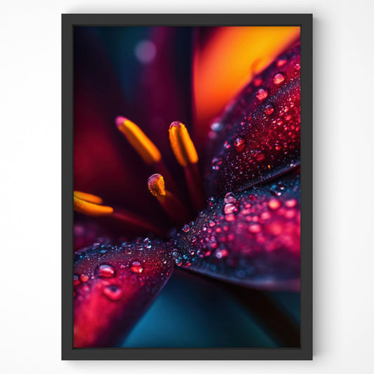 Velvet Bloom botanical print featuring deep red petals with dewdrops, perfect for modern wall art decor.