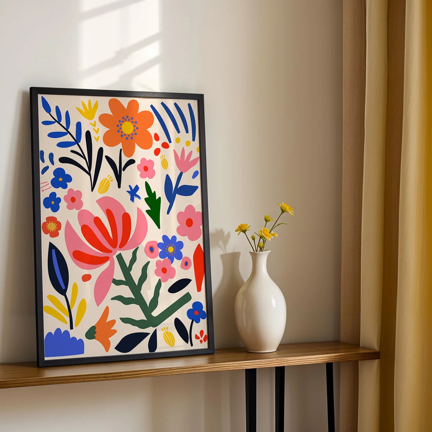 Whimsical abstract floral artwork in bright tones.