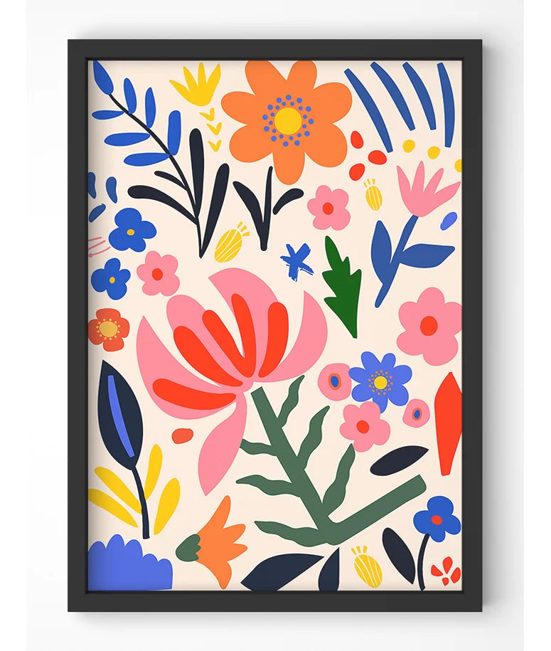 Vibrant abstract floral art print with bold colors.