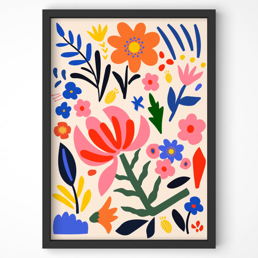 Vibrant abstract floral art print with bold colors.