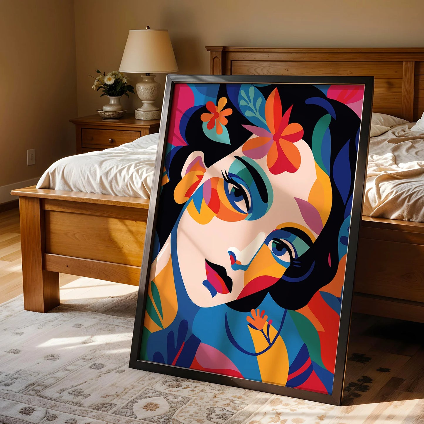 Contemporary abstract portrait print with expressive colors.
