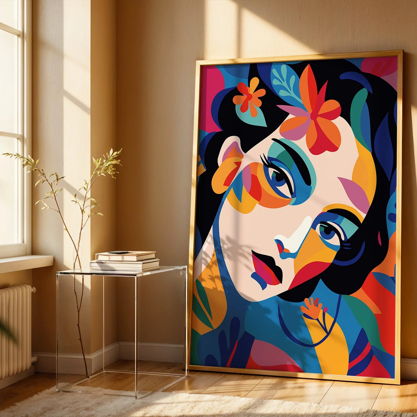 Colorful abstract portrait art print with dynamic lines.
