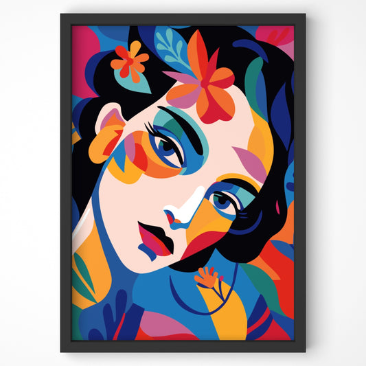 Vibrant abstract portrait art print with bold colors.
