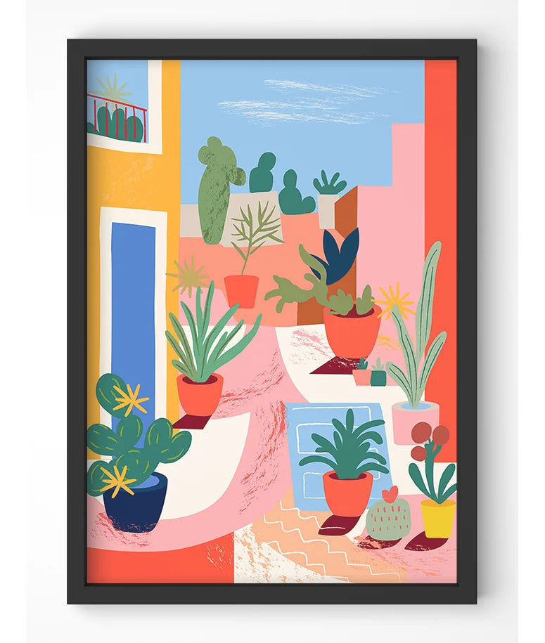 Vibrant botanical terrace art print with warm tones.