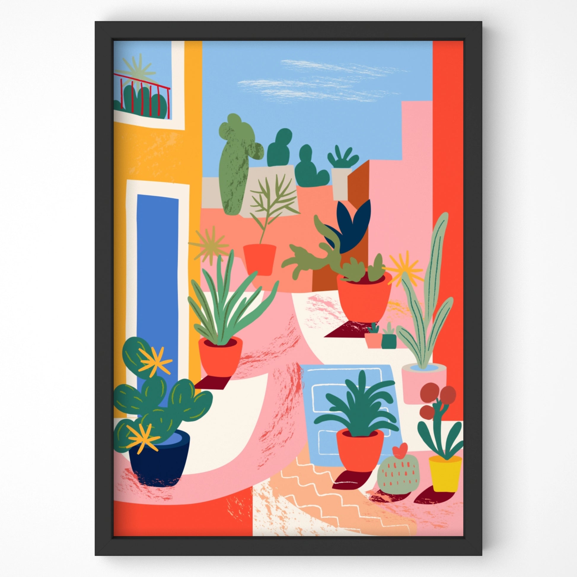 Vibrant botanical terrace art print with warm tones.