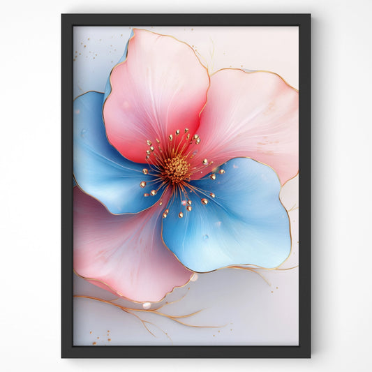 Modern flower print leaning against a sunlit wall, with soft pink and blue hues adding a sophisticated touch to the space.