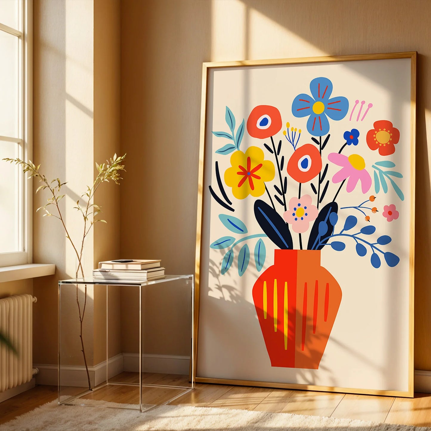 Flat lay style floral art print with a vibrant color scheme.
