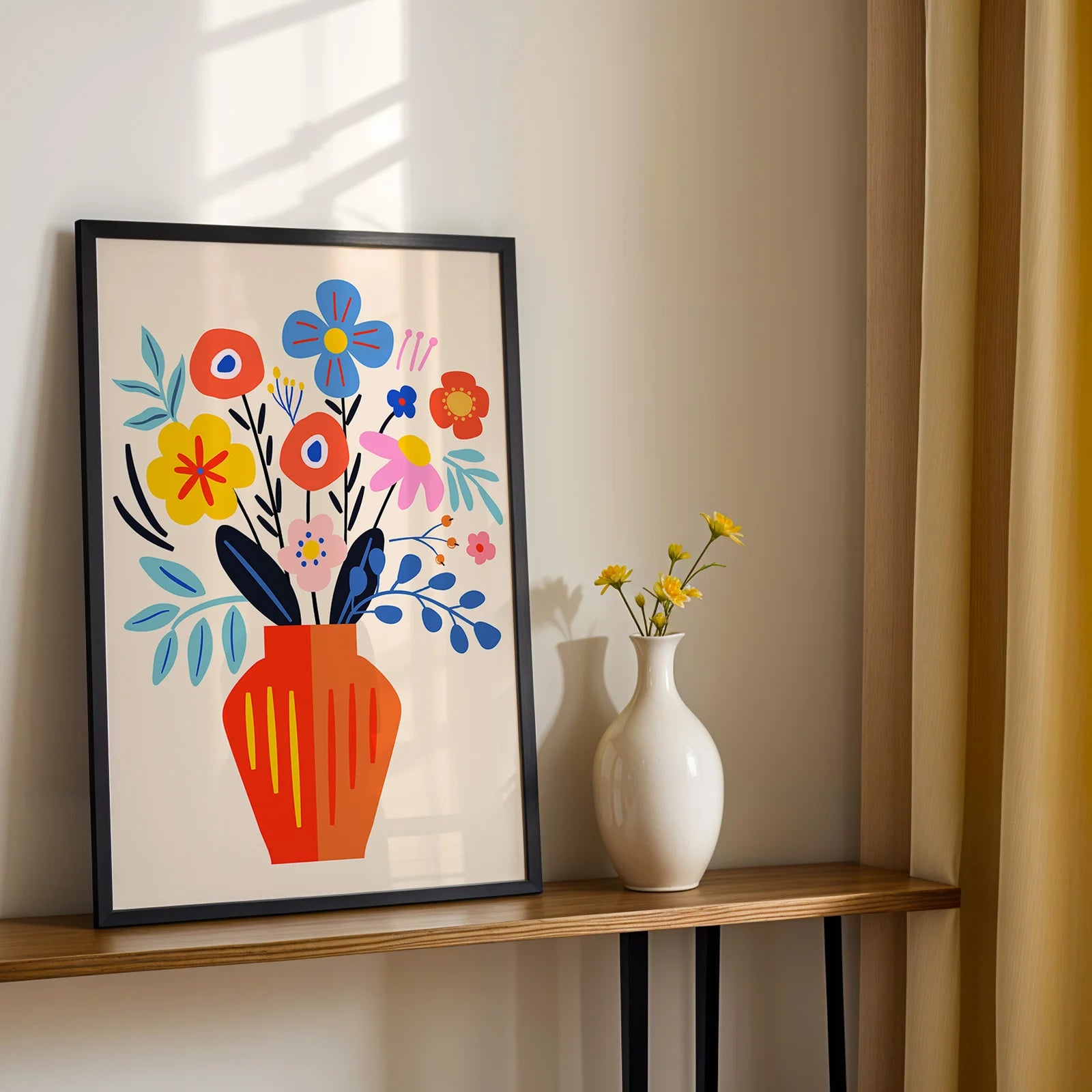 Modern botanical art print featuring a colorful vase and abstract flowers.
