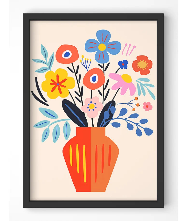 Stylized floral art print with bold colors in a modern vase.
