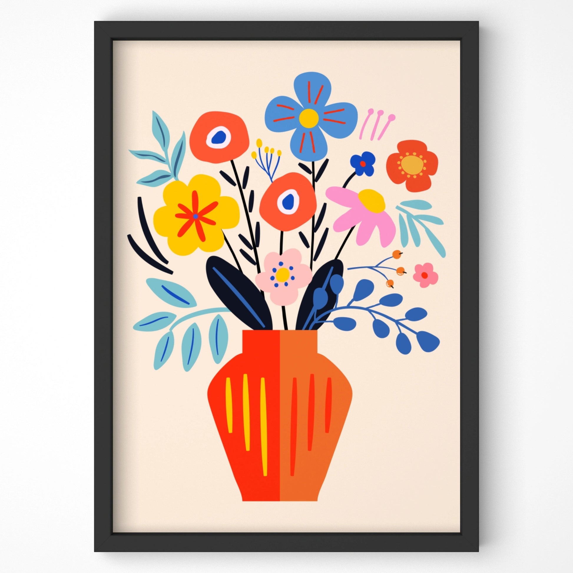 Stylized floral art print with bold colors in a modern vase.
