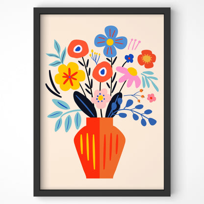 Stylized floral art print with bold colors in a modern vase.
