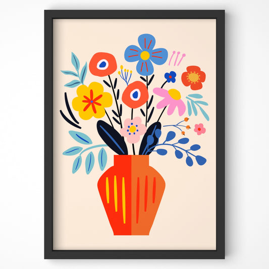 Stylized floral art print with bold colors in a modern vase.
