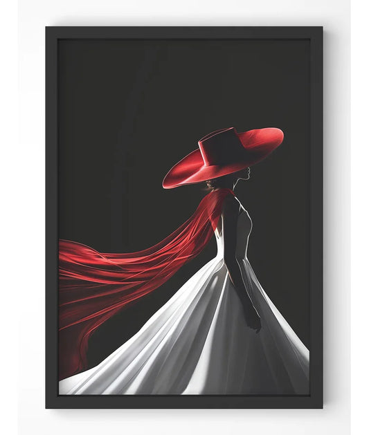 Elegant woman in a vibrant red hat and flowing cape.