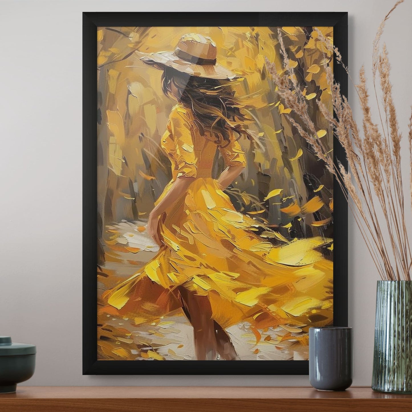 Vibrant yellow dress art print with autumn backdrop