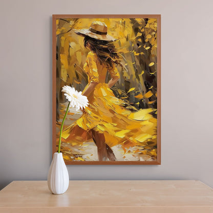 Dynamic impressionist artwork featuring a dancing woman in yellow dress