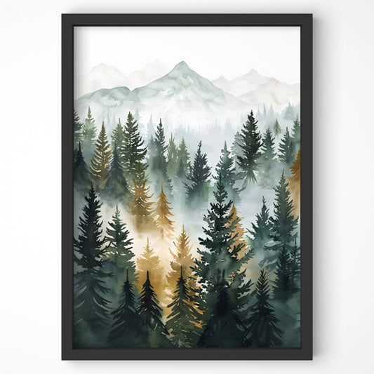 Atmospheric watercolor landscape with green and blue pine trees.
