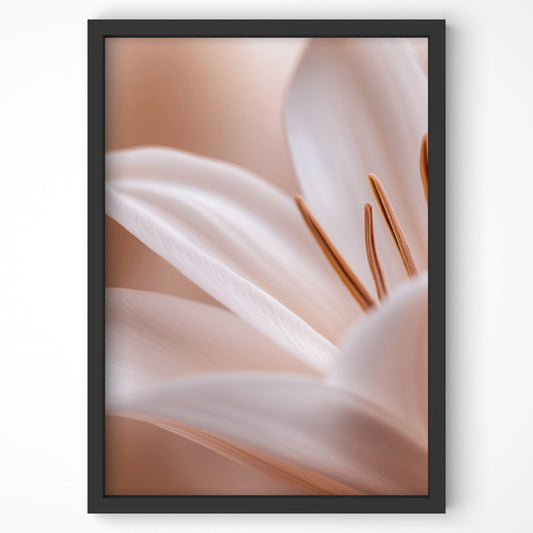 Elegant white lily botanical print in warm neutral tones, framed in black. A timeless floral wall art piece for modern and classic interiors.