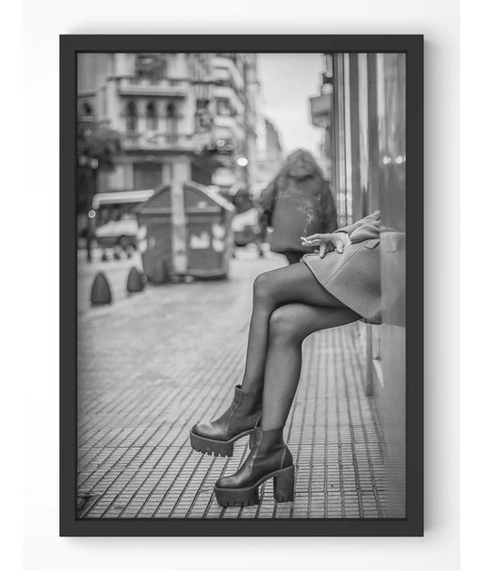 Monochrome art print of urban scene with platform boots