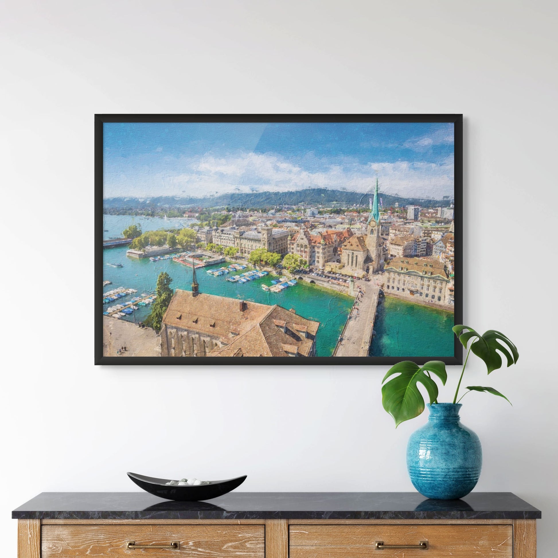Impressionistic print of Zurich's historic district.