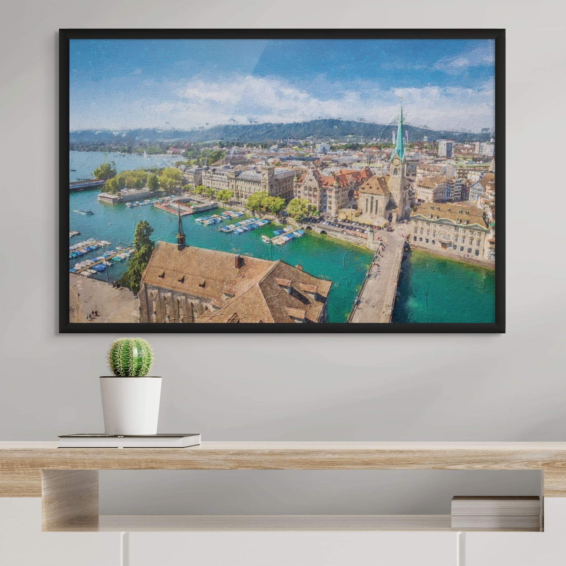 Textured oil painting style print of Zurich cityscape.