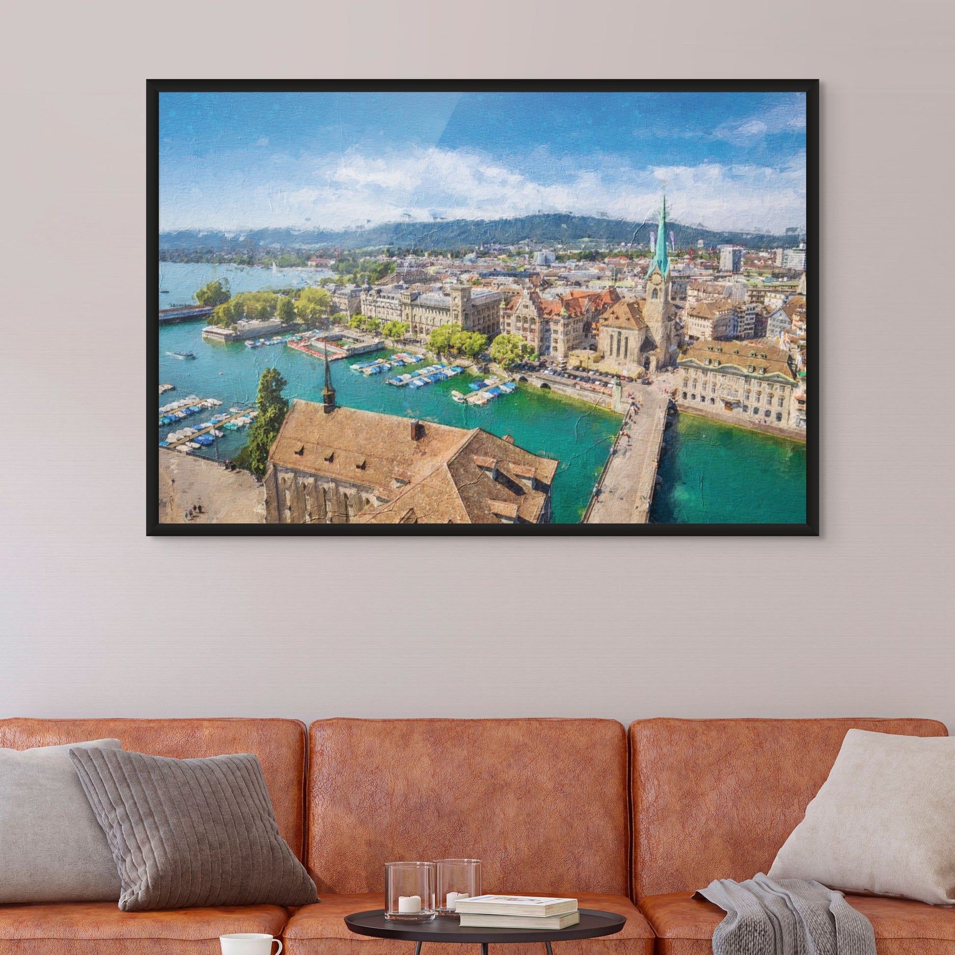 Vantage point art print of Zurich's architecture.