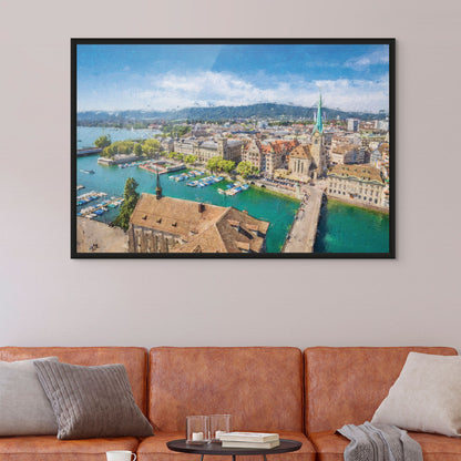 Vantage point art print of Zurich's architecture.