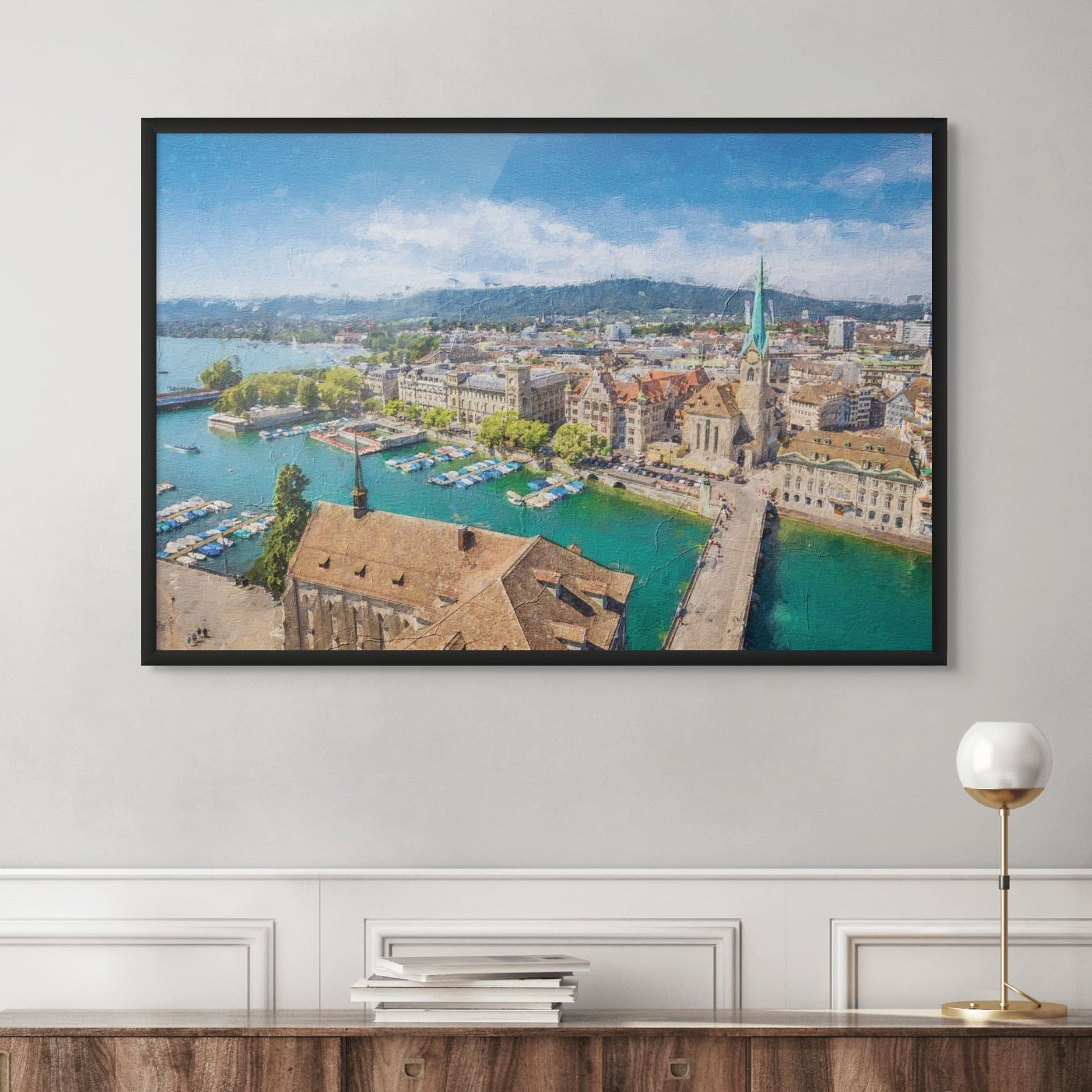 River Limmat art print with old-town Zurich view.