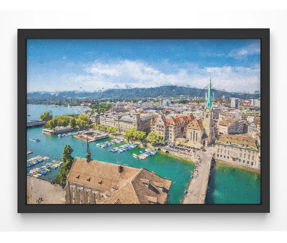 Panoramic Zurich art print featuring the Limmat River.